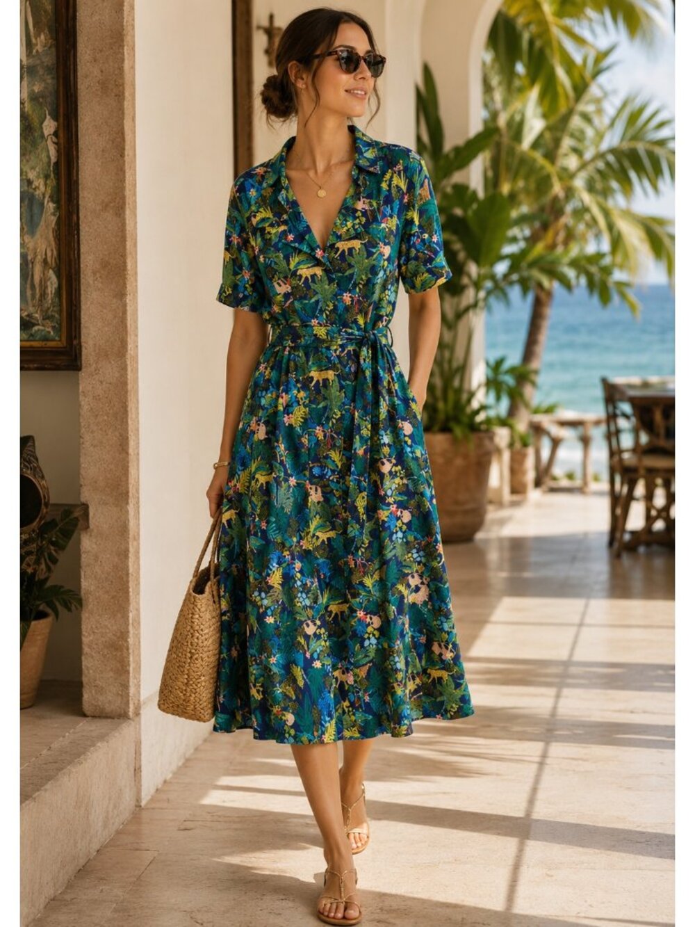 Royal Monk Jungle Safari Print Shirt Dress Women’s L Cotton Belted Tropical